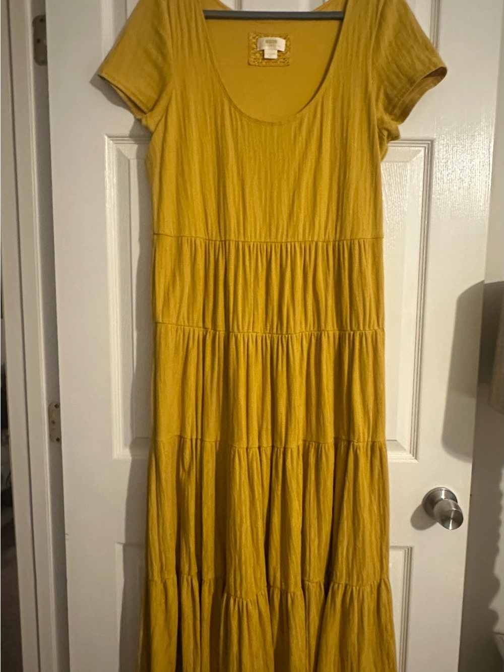 Anthropologie Golden Mustard Tiered Short-Sleeve Maxi Dress